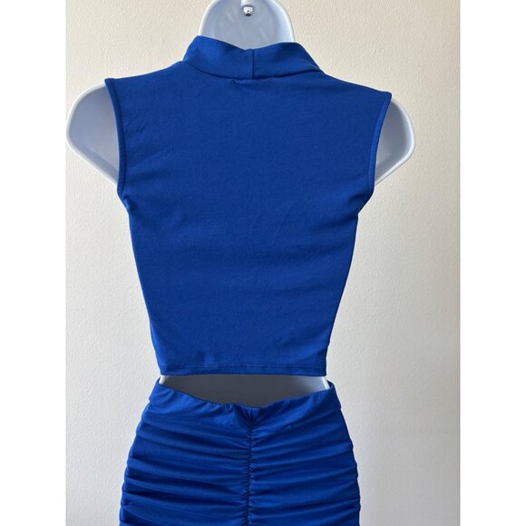 Skirt & Crop Top Set Large BodyCon Blue Ruched Y2K Glam Cyber Grunge Festival - Picture 13 of 15